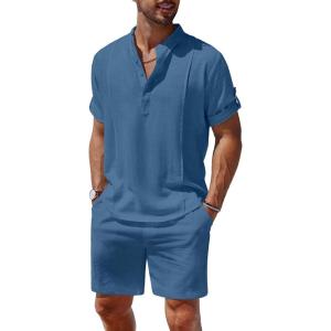 imageCOOFANDY Mens 2 Pieces Linen Set Henley Shirt Short Sleeve and Shorts Summer Beach Yoga Matching OutfitsDenim Blue