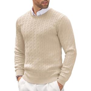 imageCOOFANDY Mens Crewneck Knit Sweater Slim Fit Lightweight Casual Twist Patterned Cable Knitted PulloverAbeige