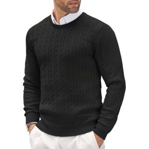 imageCOOFANDY Mens Crewneck Knit Sweater Slim Fit Lightweight Casual Twist Patterned Cable Knitted PulloverAblack