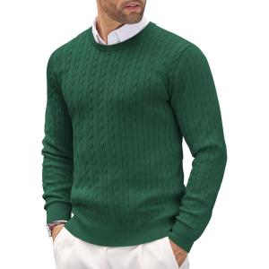 imageCOOFANDY Mens Crewneck Knit Sweater Slim Fit Lightweight Casual Twist Patterned Cable Knitted PulloverAdark Green