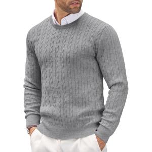 imageCOOFANDY Mens Crewneck Knit Sweater Slim Fit Lightweight Casual Twist Patterned Cable Knitted PulloverAgrey