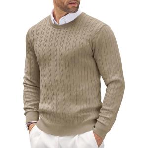 imageCOOFANDY Mens Crewneck Knit Sweater Slim Fit Lightweight Casual Twist Patterned Cable Knitted PulloverAkhaki