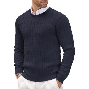 imageCOOFANDY Mens Crewneck Knit Sweater Slim Fit Lightweight Casual Twist Patterned Cable Knitted PulloverAnavy Blue