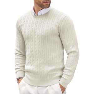 imageCOOFANDY Mens Crewneck Knit Sweater Slim Fit Lightweight Casual Twist Patterned Cable Knitted PulloverAwhite