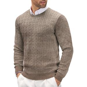 imageCOOFANDY Mens Crewneck Knit Sweater Slim Fit Lightweight Casual Twist Patterned Cable Knitted PulloverAwhiteBrown Twotone Colors