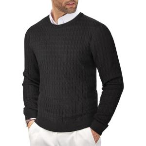 imageCOOFANDY Mens Crewneck Knit Sweater Slim Fit Lightweight Casual Twist Patterned Cable Knitted PulloverBblack