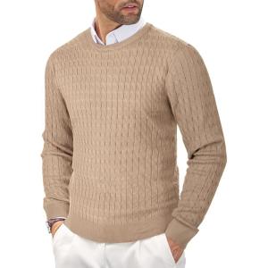imageCOOFANDY Mens Crewneck Knit Sweater Slim Fit Lightweight Casual Twist Patterned Cable Knitted PulloverBdark Khaki