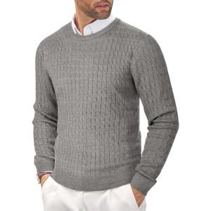 imageCOOFANDY Mens Crewneck Knit Sweater Slim Fit Lightweight Casual Twist Patterned Cable Knitted PulloverBgrey