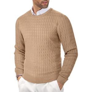 imageCOOFANDY Mens Crewneck Knit Sweater Slim Fit Lightweight Casual Twist Patterned Cable Knitted PulloverBkhaki
