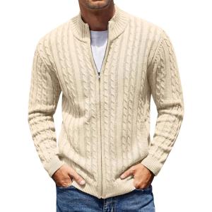 imageCOOFANDY Mens Full Zip Cardigan Sweater Slim Fit Cable Knitted Zip Up Sweater with PocketsBeige