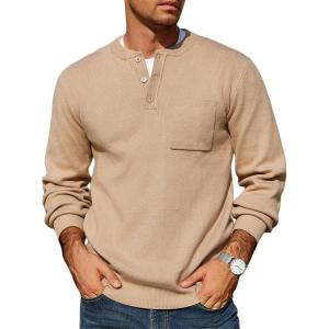 imageCOOFANDY Mens Henley Knit Sweater Long Sleeve MidWeight Soft Pullover Shirt with Chest PocketApricot
