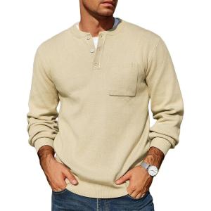 imageCOOFANDY Mens Henley Knit Sweater Long Sleeve MidWeight Soft Pullover Shirt with Chest PocketBeige