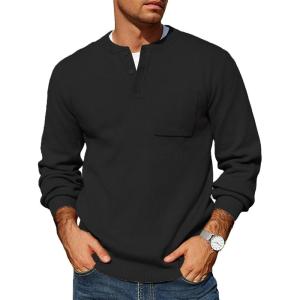 imageCOOFANDY Mens Henley Knit Sweater Long Sleeve MidWeight Soft Pullover Shirt with Chest PocketBlack