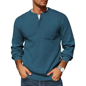 imageCOOFANDY Mens Henley Knit Sweater Long Sleeve MidWeight Soft Pullover Shirt with Chest PocketDeep Blue