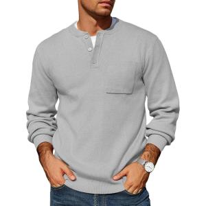 imageCOOFANDY Mens Henley Knit Sweater Long Sleeve MidWeight Soft Pullover Shirt with Chest PocketLight Grey