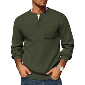 imageCOOFANDY Mens Henley Knit Sweater Long Sleeve MidWeight Soft Pullover Shirt with Chest PocketOlive Green