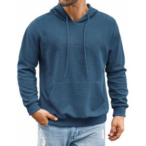 imageCOOFANDY Mens Hooded Sweatshirts Long Sleeve Casual Pullover Hoodie Waffle Knit Sweatshirt with PocketDenim Blue