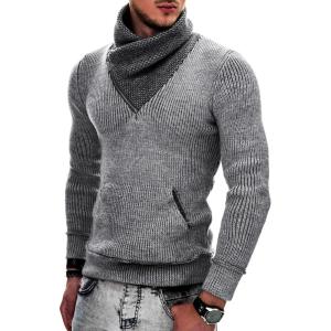 imageCOOFANDY Mens Knitted Turtleneck Pullover Shawl Collar Sweaters Slim Fit High Neck Hoodies with PocketsGrey