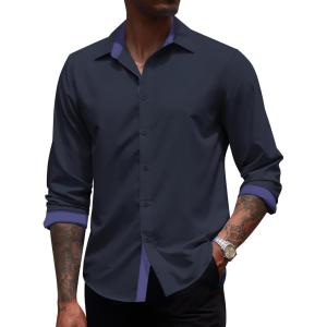 imageCOOFANDY Mens Long Sleeve Wrinkle Free Dress Shirts Inner Contrast Business Casual Button Down ShirtDeep Blue