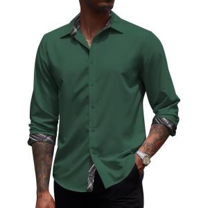 imageCOOFANDY Mens Long Sleeve Wrinkle Free Dress Shirts Inner Contrast Business Casual Button Down ShirtGreen