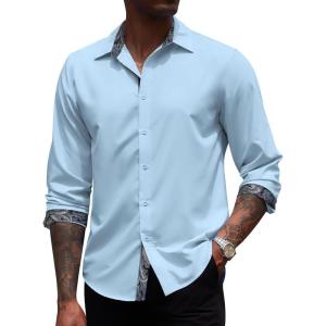 imageCOOFANDY Mens Long Sleeve Wrinkle Free Dress Shirts Inner Contrast Business Casual Button Down ShirtLight Blue
