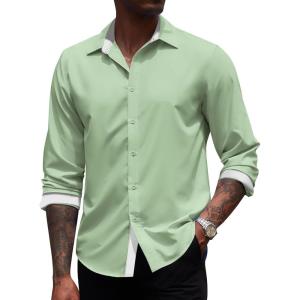 imageCOOFANDY Mens Long Sleeve Wrinkle Free Dress Shirts Inner Contrast Business Casual Button Down ShirtLight Green