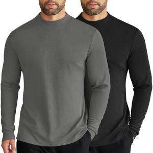 imageCOOFANDY Mens Mock Turtleneck Long Sleeve Shirts Slim Fit Basic TShirt Lightweight Ribbed Pullover Sweater2 Packblack  Dark Grey