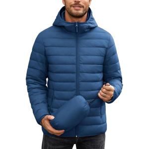 imageCOOFANDY Mens Packable Puffer Jacket Lightweight Hooded Insulated Winter Coat Windproof Zipper Down JacketDenim Blue