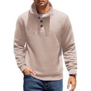 imageCOOFANDY Mens Quarter Pullover Quilted Sweatshirt Casual Knit Long Sleeve Mock Neck Sweater Waffle Collared PulloverLight Khaki