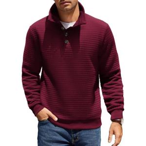 imageCOOFANDY Mens Quarter Pullover Quilted Sweatshirt Casual Knit Long Sleeve Mock Neck Sweater Waffle Collared PulloverWine Red