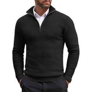 imageCOOFANDY Mens Quarter Zip Sweaters Slim Fit Lightweight Cotton Knitted Casual Mock Neck Pullover SweatersBlack