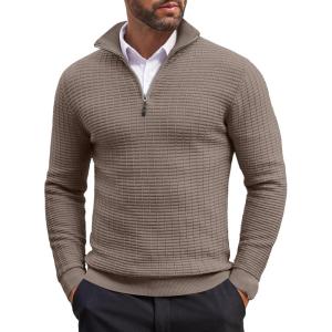 imageCOOFANDY Mens Quarter Zip Sweaters Slim Fit Lightweight Cotton Knitted Casual Mock Neck Pullover SweatersCamel