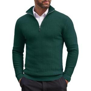 imageCOOFANDY Mens Quarter Zip Sweaters Slim Fit Lightweight Cotton Knitted Casual Mock Neck Pullover SweatersDark Green