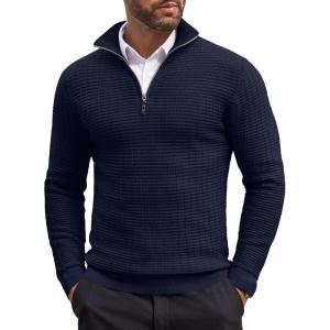 imageCOOFANDY Mens Quarter Zip Sweaters Slim Fit Lightweight Cotton Knitted Casual Mock Neck Pullover SweatersNavy Blue 