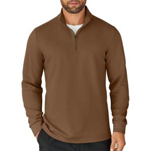 imageCOOFANDY Mens Quarter Zip Up Pullover Lightweight Mock Neck Sweatshirt Casual Long Sleeve Polo ShirtBrown