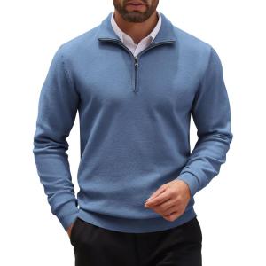 imageCOOFANDY Mens Quarter Zip Up Sweaters Slim Fit Casual Long Sleeve Knitted Mock Neck Pullover SweatersBlue