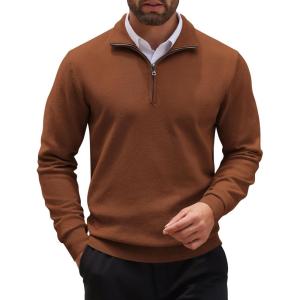 imageCOOFANDY Mens Quarter Zip Up Sweaters Slim Fit Casual Long Sleeve Knitted Mock Neck Pullover SweatersBrown