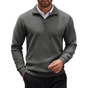 imageCOOFANDY Mens Quarter Zip Up Sweaters Slim Fit Casual Long Sleeve Knitted Mock Neck Pullover SweatersDark Grey