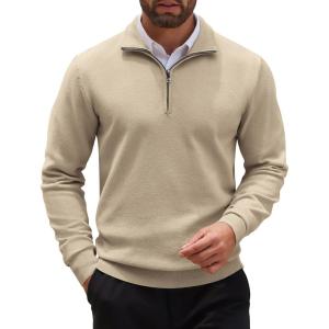 imageCOOFANDY Mens Quarter Zip Up Sweaters Slim Fit Casual Long Sleeve Knitted Mock Neck Pullover SweatersKhaki