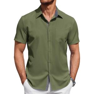 imageCOOFANDY Mens Short Sleeve Button Down Shirts Summer Untucked Casual Dress Shirts with PocketArmy Green