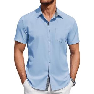 imageCOOFANDY Mens Short Sleeve Button Down Shirts Summer Untucked Casual Dress Shirts with PocketClear Blue