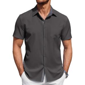 imageCOOFANDY Mens Short Sleeve Button Down Shirts Summer Untucked Casual Dress Shirts with PocketDark Grey