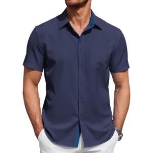 imageCOOFANDY Mens Short Sleeve Button Down Shirts Summer Untucked Casual Dress Shirts with PocketDeep Blue