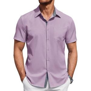 imageCOOFANDY Mens Short Sleeve Button Down Shirts Summer Untucked Casual Dress Shirts with PocketLavender