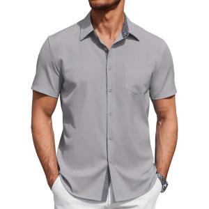imageCOOFANDY Mens Short Sleeve Button Down Shirts Summer Untucked Casual Dress Shirts with PocketLight Grey