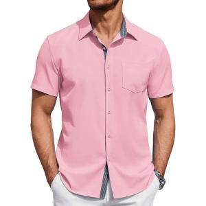imageCOOFANDY Mens Short Sleeve Button Down Shirts Summer Untucked Casual Dress Shirts with PocketPink