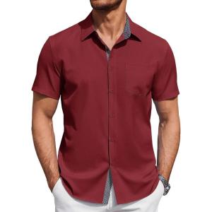 imageCOOFANDY Mens Short Sleeve Button Down Shirts Summer Untucked Casual Dress Shirts with PocketWine Red