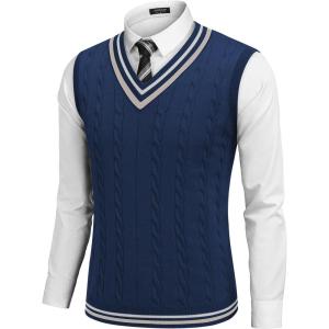 imageCOOFANDY Mens Sweater Vest V Neck Casual Sleeveless Pullover Striped Cable Knit Sweater VestNavy Blue