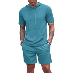 imageCOOFANDY Mens Tracksuit 2 Piece Hooded Athletic Sweatsuit Short Sleeve Casual Sports Hoodie Shorts SetDark Peacock Blue