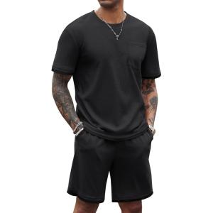 imageCOOFANDY Mens Waffle Shirt and Shorts Set 2 Piece Outfits Casual Summer Tracksuits Set with PocketsPure Black